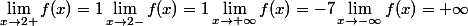 \lim_{x\to 2+} f(x)= 1 \lim_{x\to 2-} f(x)= 1 \lim_{x\to+\infty } f(x)=-7 \lim_{x\to-\infty } f(x)=+\infty